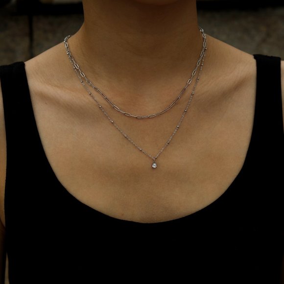 Pre-Layered Chains Silver Necklace with Zirconia Charm. - Picture 4 of 8